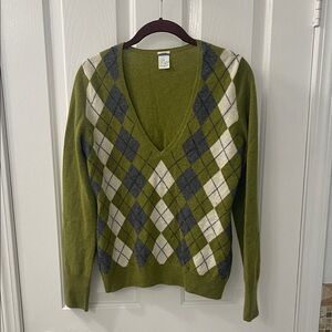 J. Crew Olive Argyle V-Neck Sweater